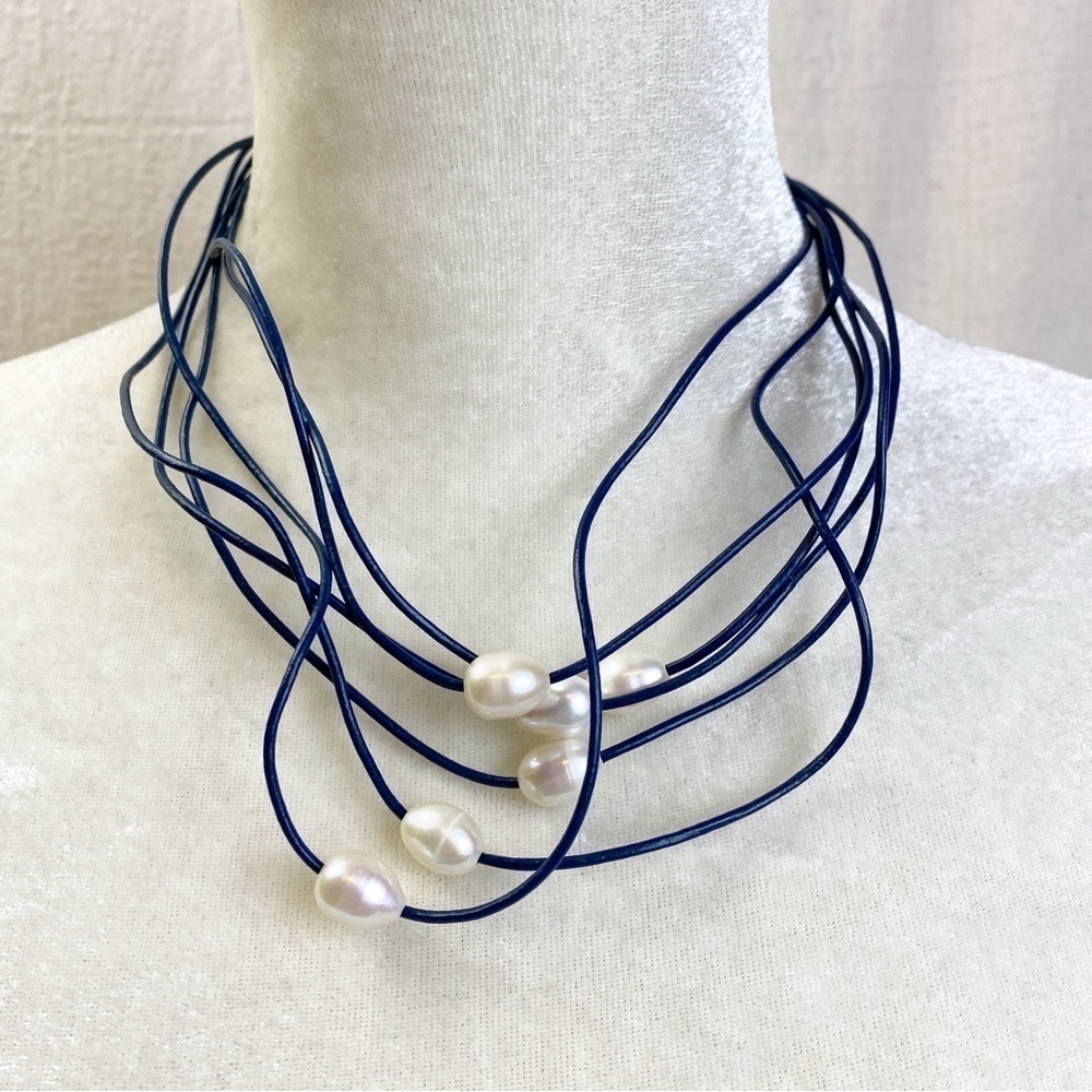 6 strand blue leather cord necklace with freshwater pearls